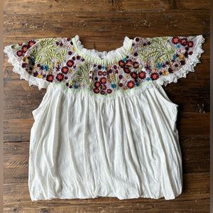 Free People Mesh Floral Embroidered Top